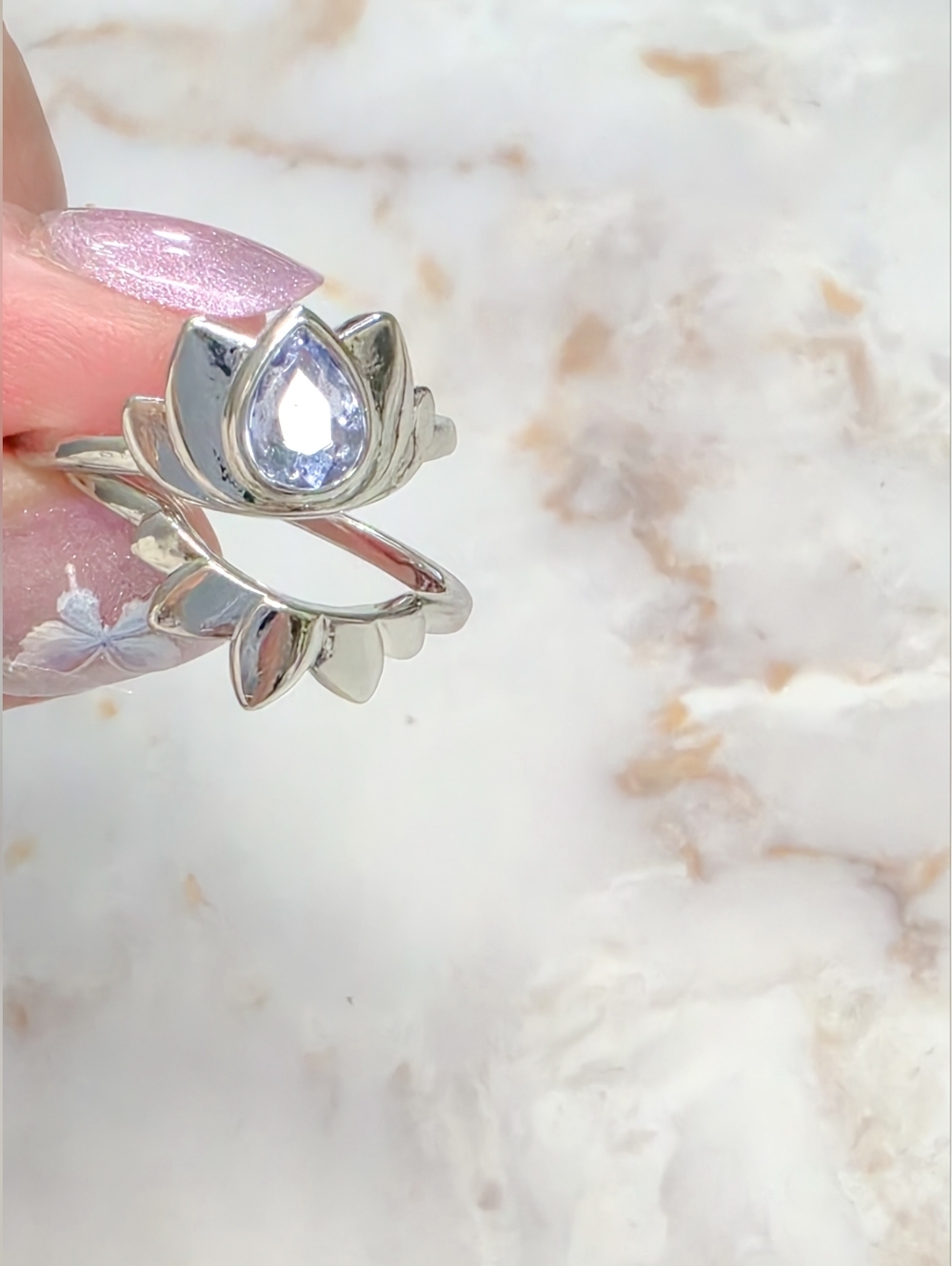 Boho Silvery Lotus Flower Ring Set | Blue Water Drop Crystal Size 8 - Picture 7 of 12